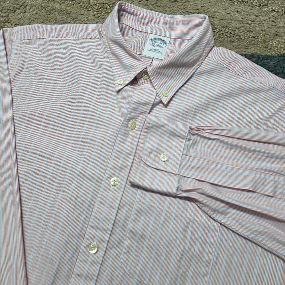 Brooks Brothers Slim Fit Dress Shirt 16.5-33 Red Blue Stripe Cotton Malaysia